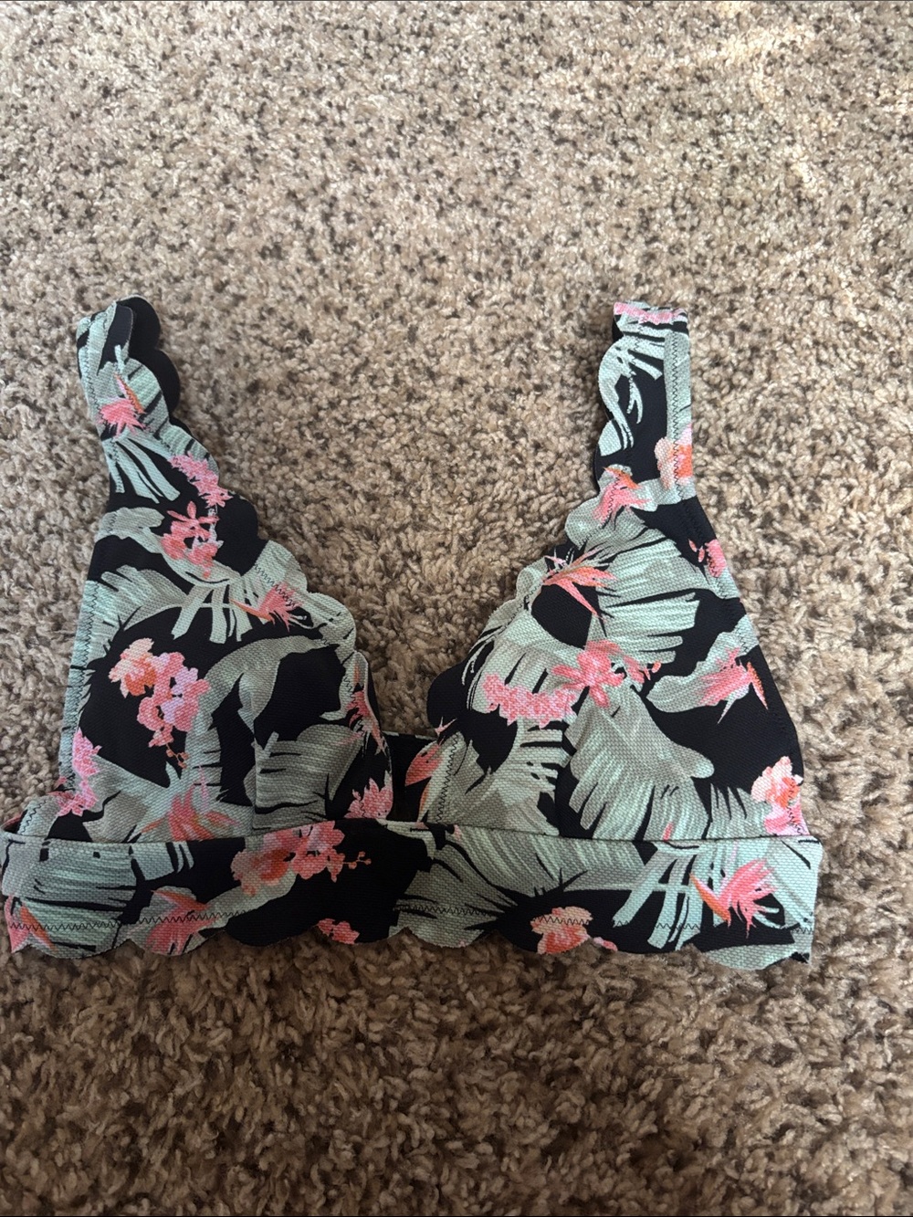 Victoria's Secret Black Floral Bikini Top with Green and Pink Print